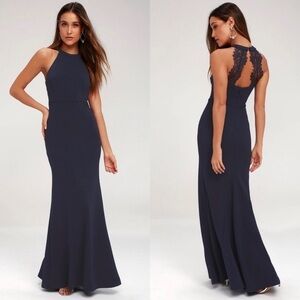 Lulus Size Small Navy Blue Joella Lace Halter Maxi Dress
